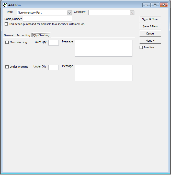 Non-Inventory Part - Qty Tab