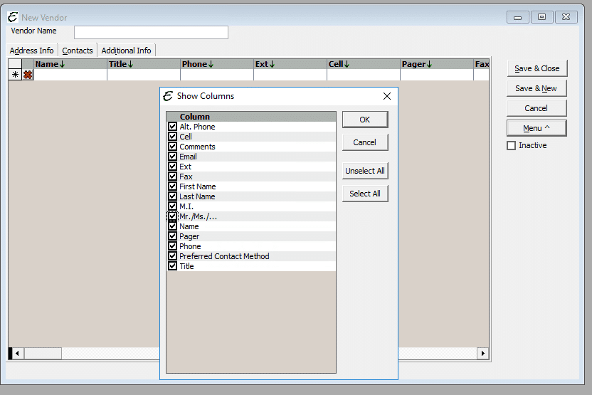 Vendor - Contacts Tab