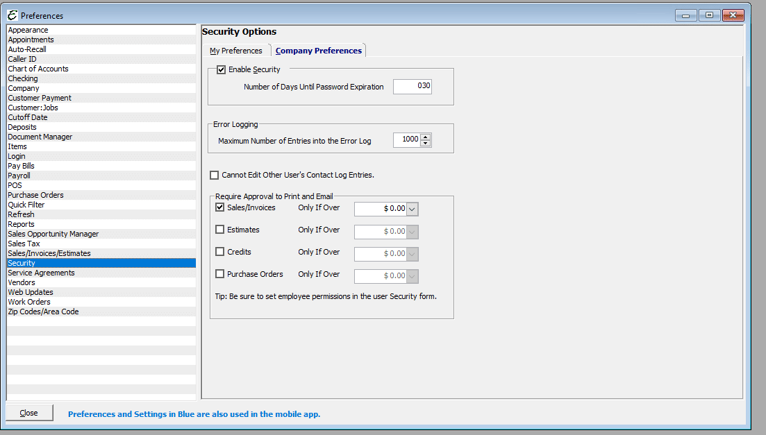 Security Options - Company Preferences