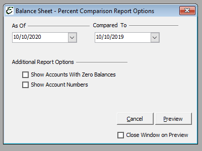 Balance Sheet - Percent Comparison Report Options