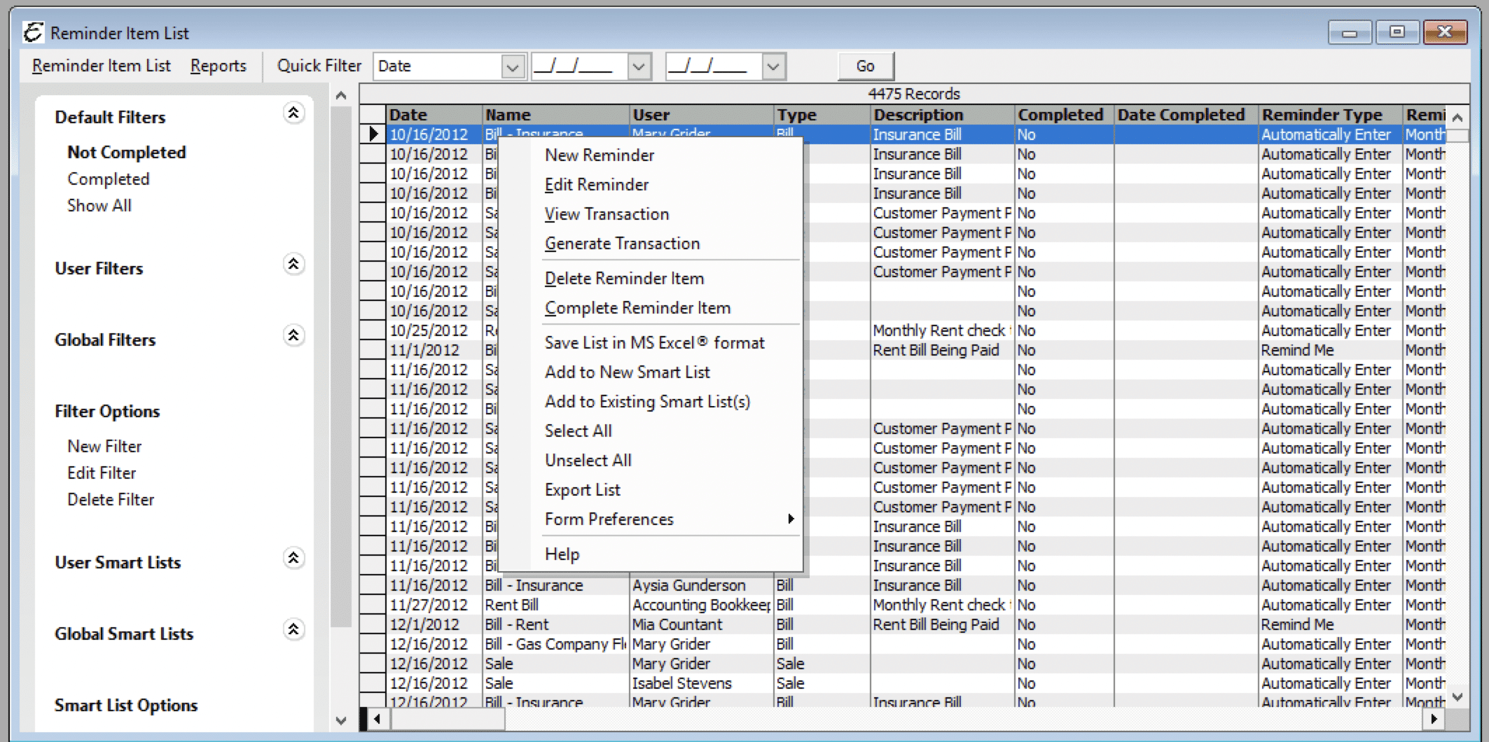Reminder Items List Menu Options