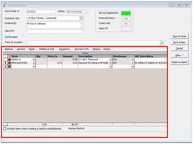 Work Order - Items Tab