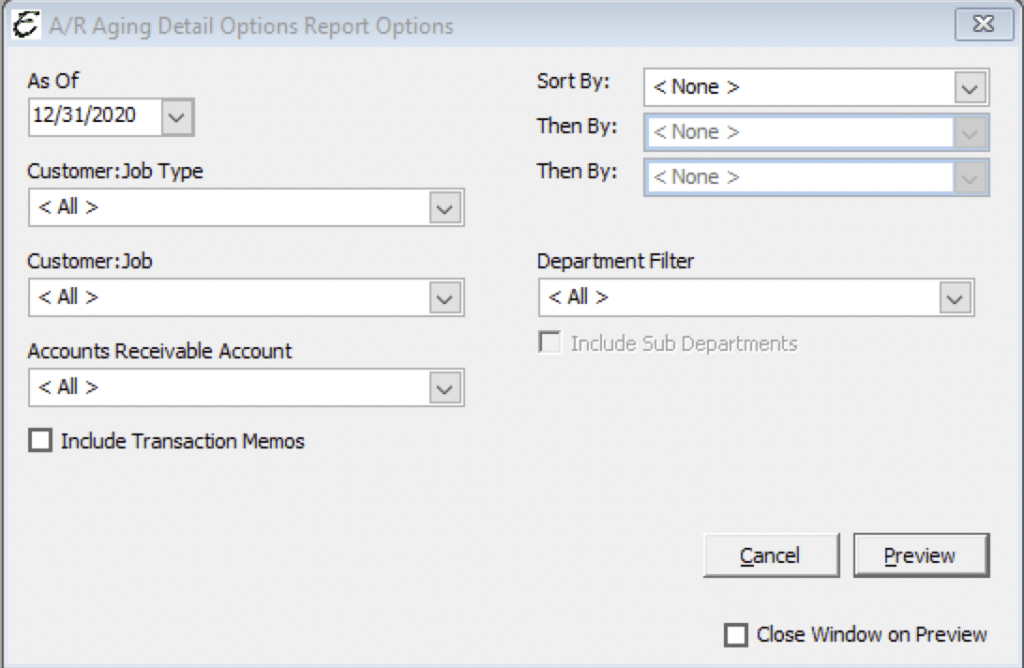 AR Aging Detail Report Options
