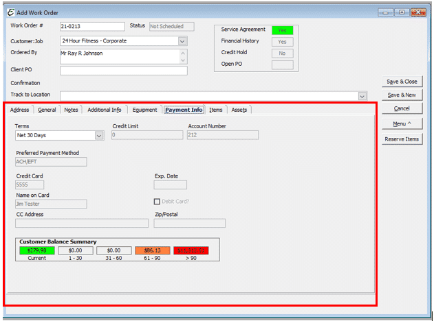 Work Order - Payment Info Tab