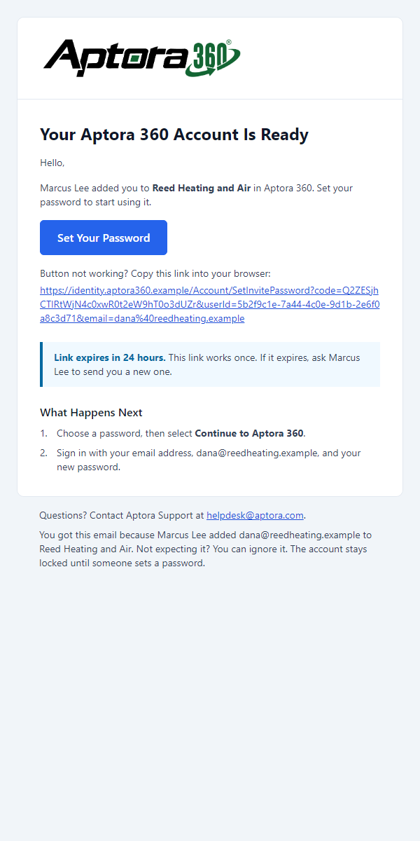 The person clicks Set Your Password; the link expires in 24 hours and works once.