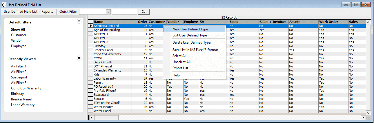 User Defined Fields Pop-Up Menu
