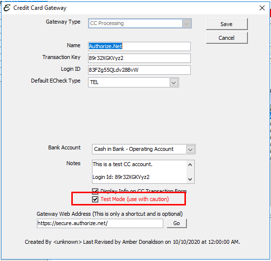 Electronic Transactions - Credit Card Troubleshooting - Test Mode