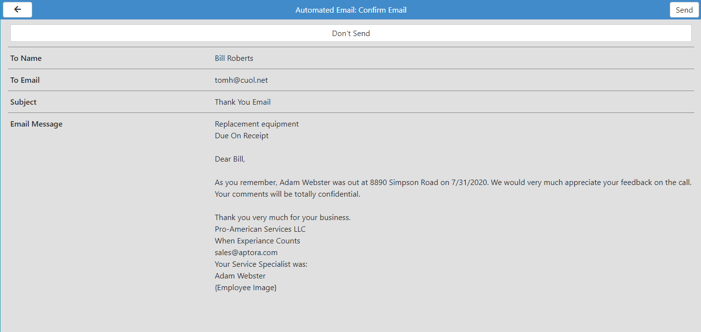 Aptora Mobile II - Auto Email - Usage - Thank You Email