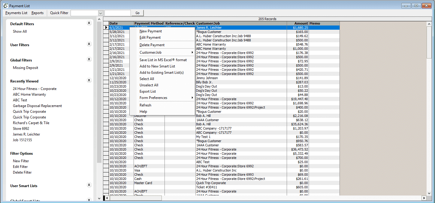 Receive Payment List Menu Options