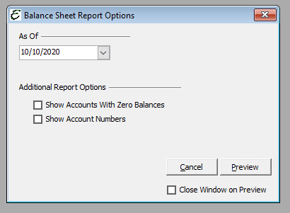 Balance Sheet Report Options