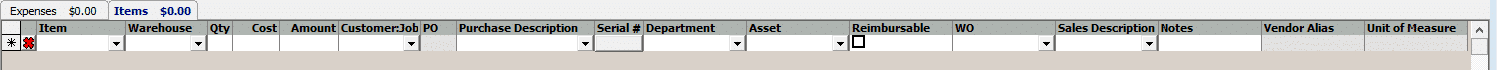 Receive Items and Enter Bill - Items Tab