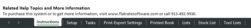Screen Shot Showing Excel Worksheets (tabs) in the Flat Rate Plus Simple Software Program