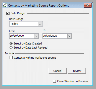 Contacts by Marketing Source Report Options