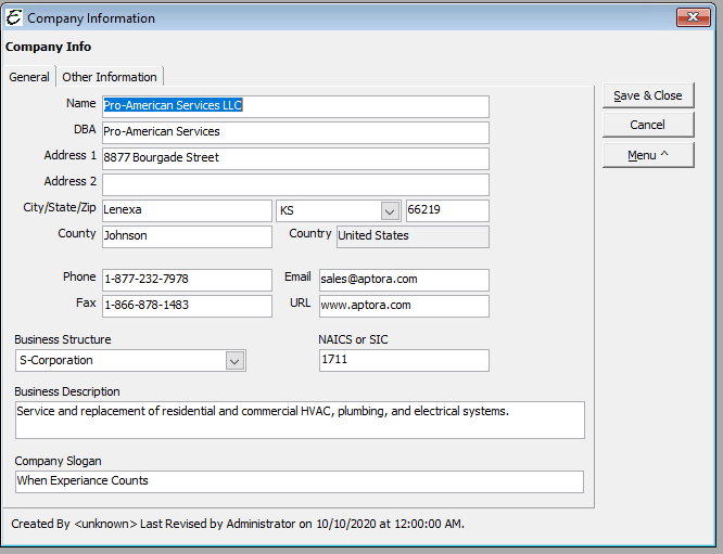 Sample - Company Information - General Tab