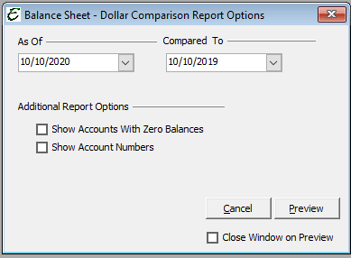 Balance Sheet - Dollar Comparison Report Options