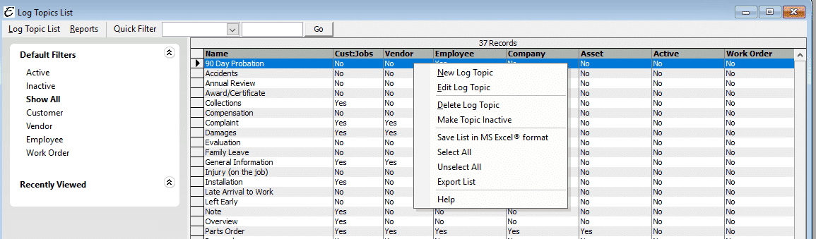 Log Topic Menu Options