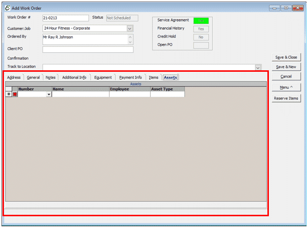 Work Order - Assets Tab