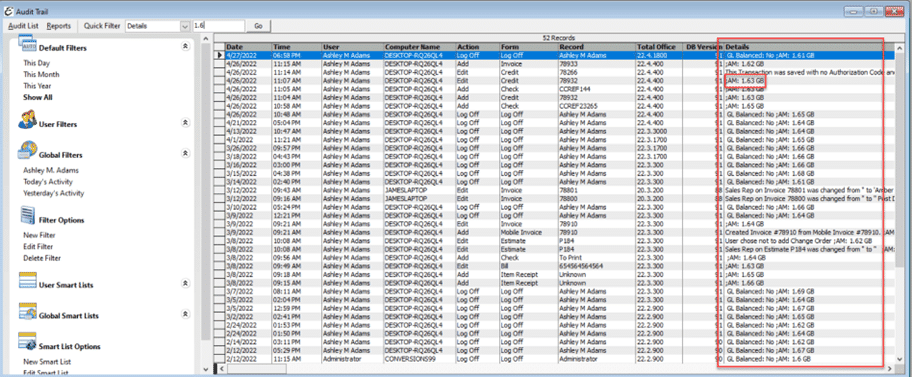 Total Office Manager's Audit Trail showing available memory or RAM