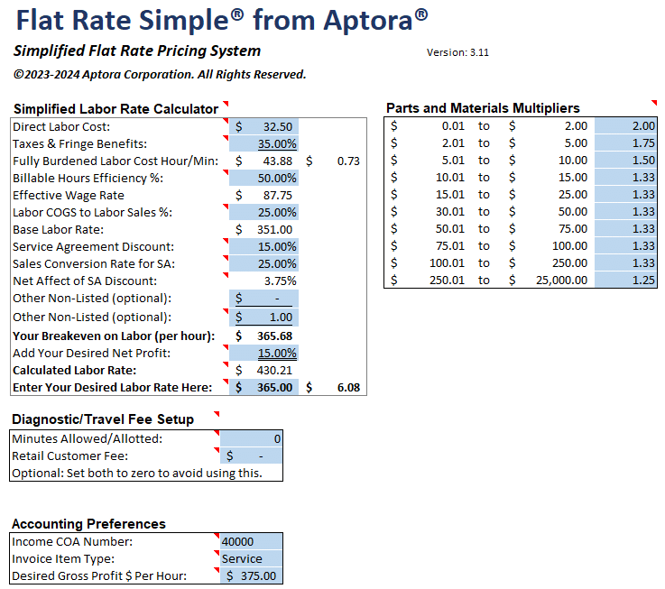 Enter Your Flat Rate Price Book Settings for Labor and Markup