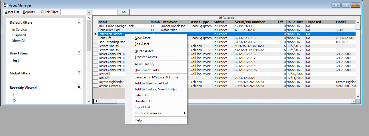 Asset Manager Pop-Up Menu