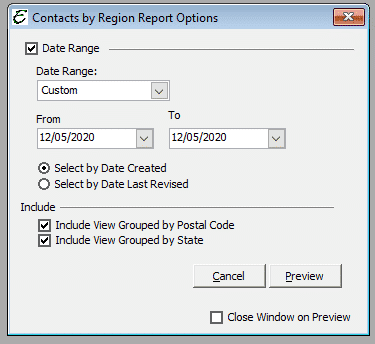 Contacts by Region Report Options