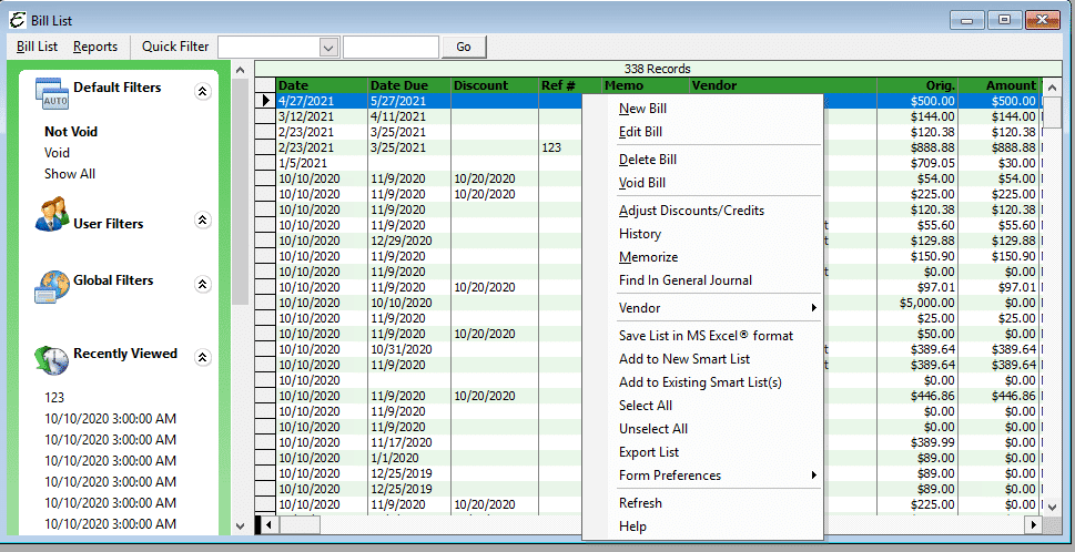 Bill List Menu Popup