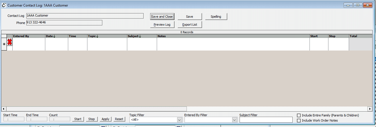 Contact Log Form Options