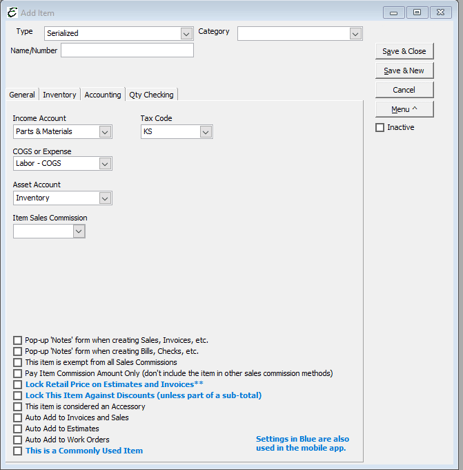Serialized - Accounting Tab