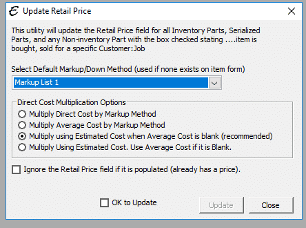 Update Retail Price Form