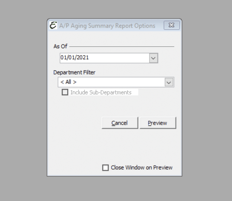 A/P Aging Summary Report Options