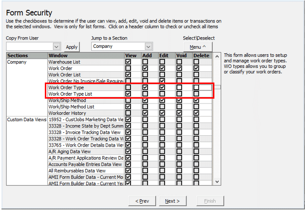 Work Order List Security Permissions