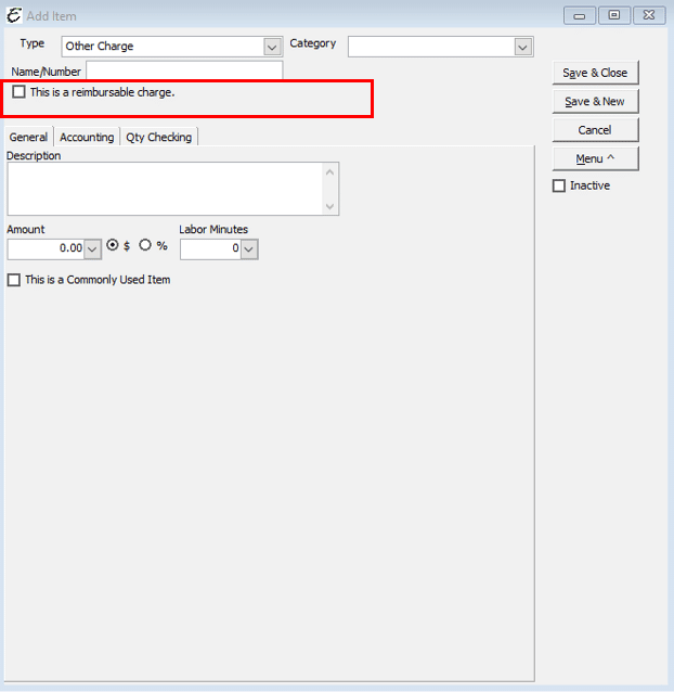 Other Charge - General Tab - Not Checked