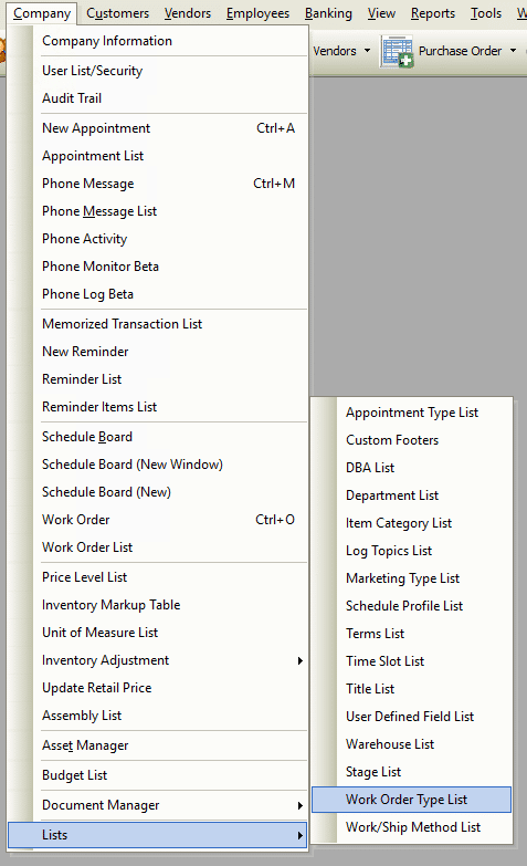 Work Order Type List