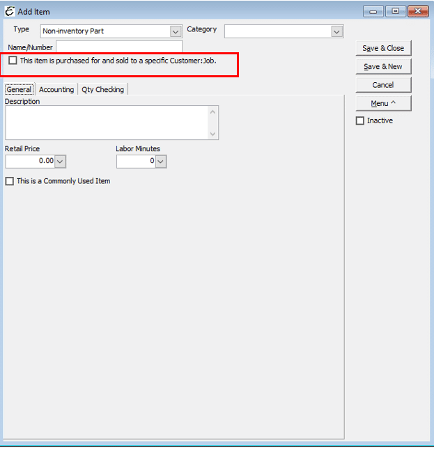 Non-Inventory Part - Group Tab - Not Checked