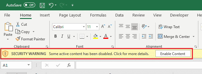 Screen Shot Showing Excel Macro Warning in the Flat Rate Plus Simple Software Program