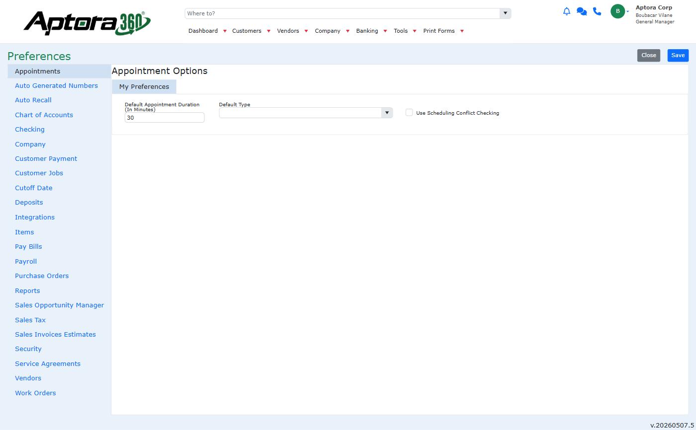 Aptora 360 Preferences page navigation showing the Integrations tab