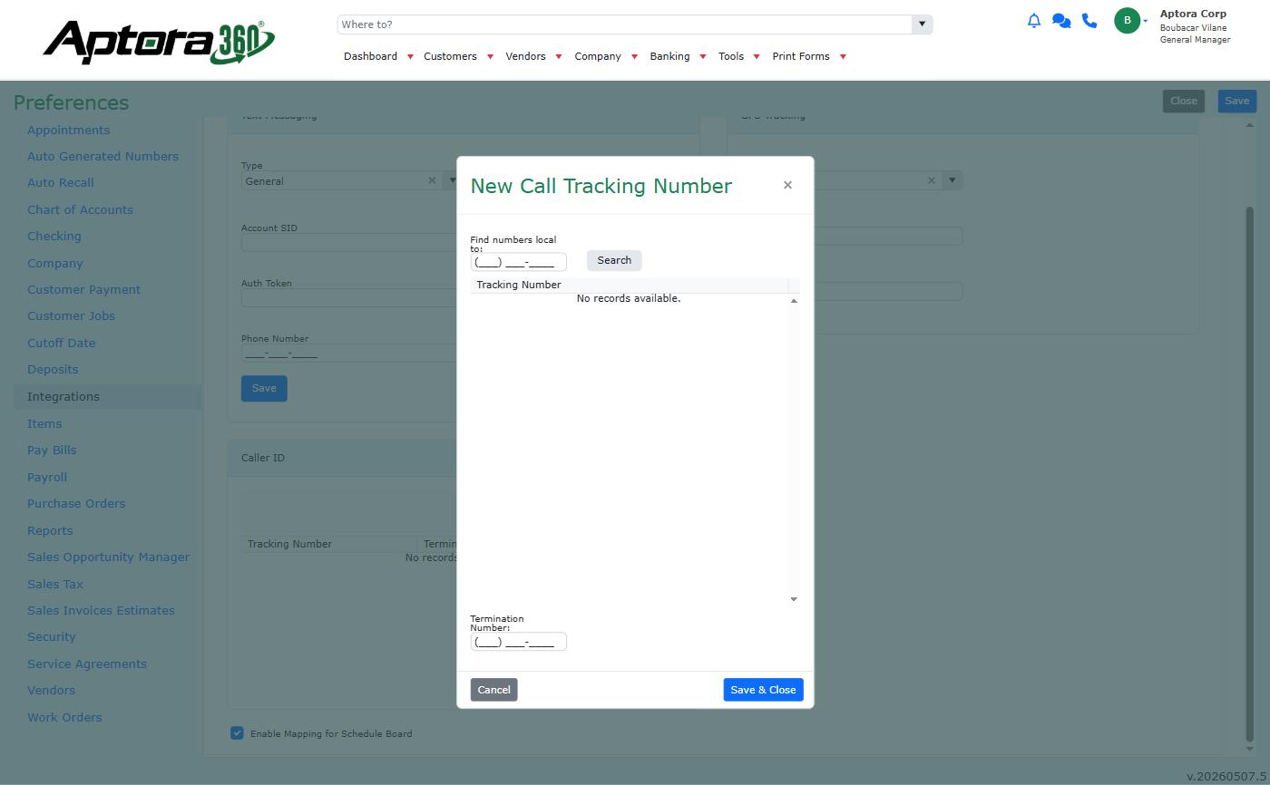New Call Tracking Number dialog for adding a tracking number with termination number