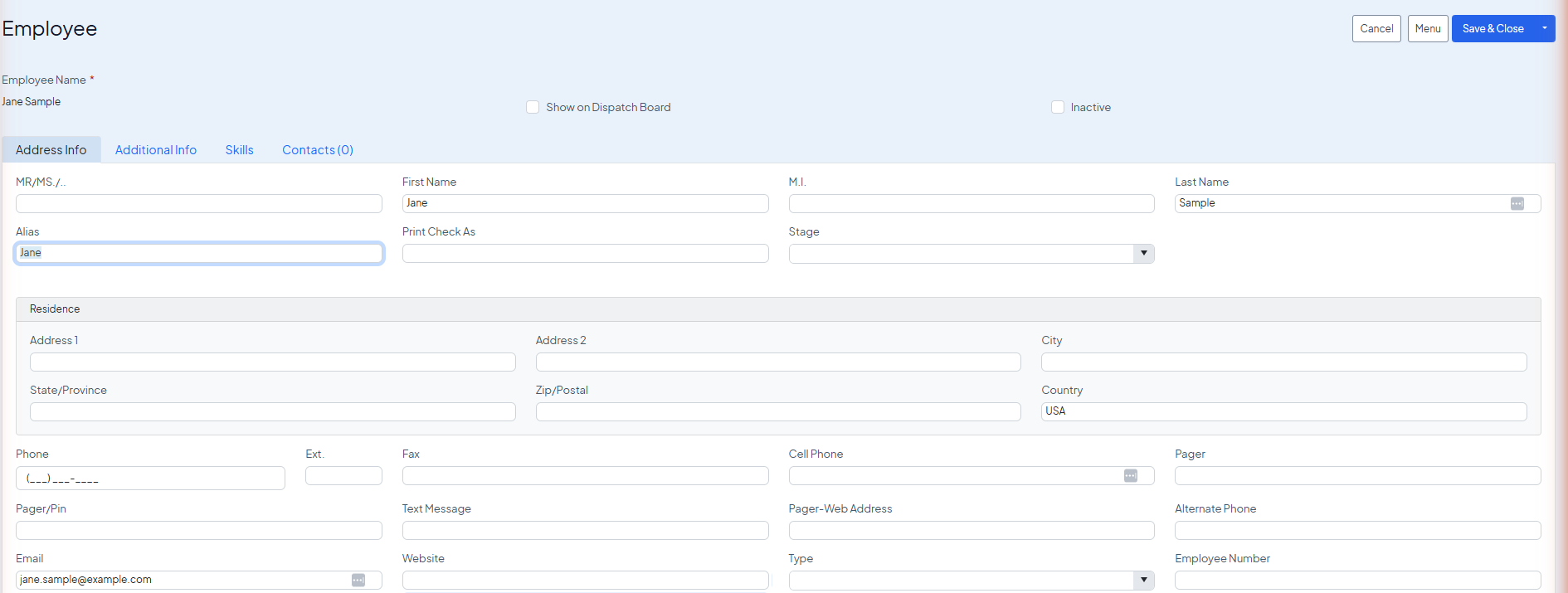 First Name, Last Name and Email are filled in, and Inactive is cleared.