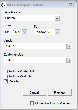 Bill List Report Options