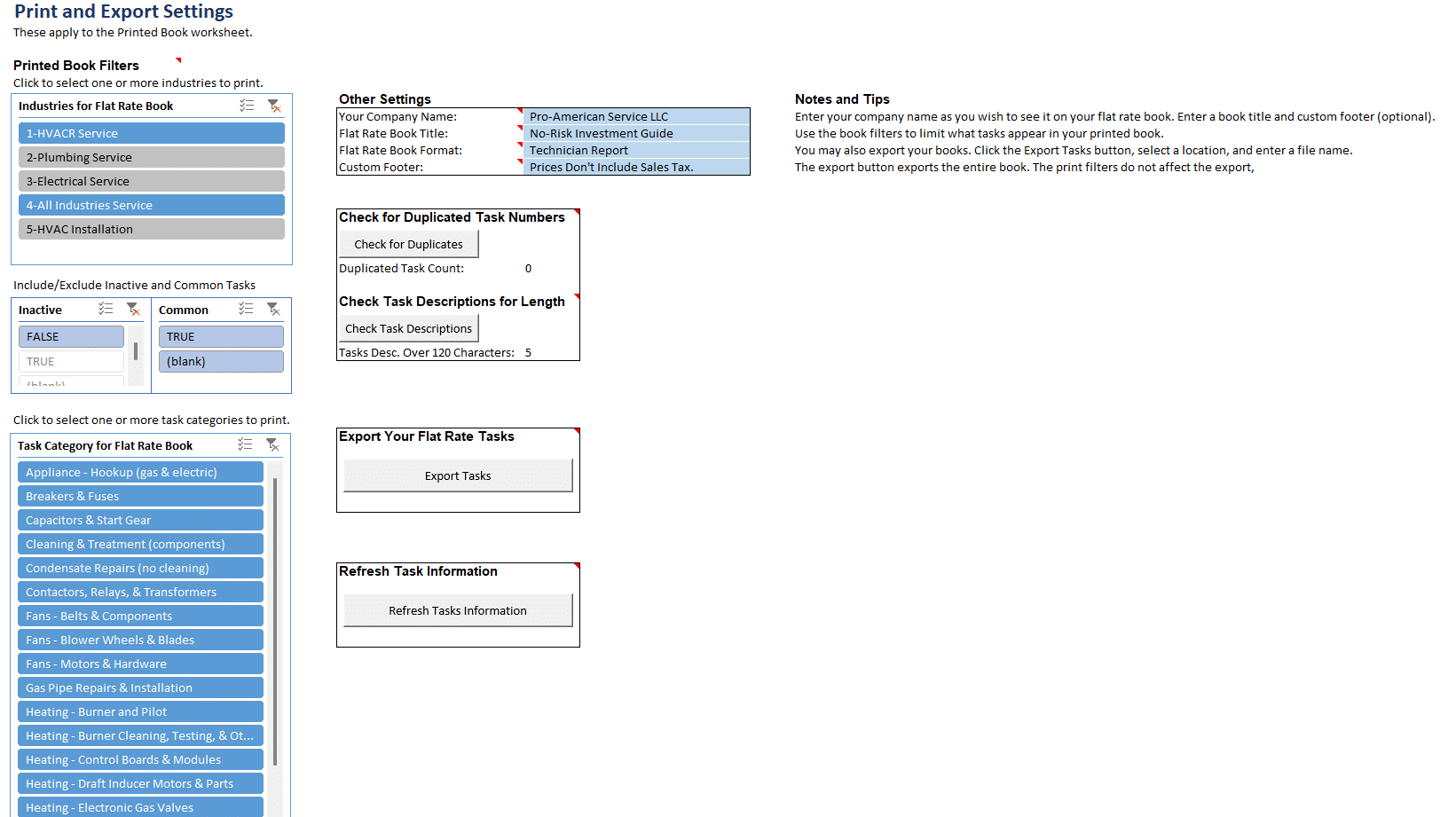 The Print and Export Settings Form in the Flat Rate Simple Software