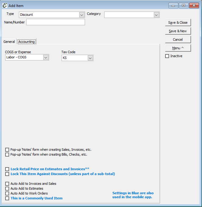 Discount - Accounting Tab