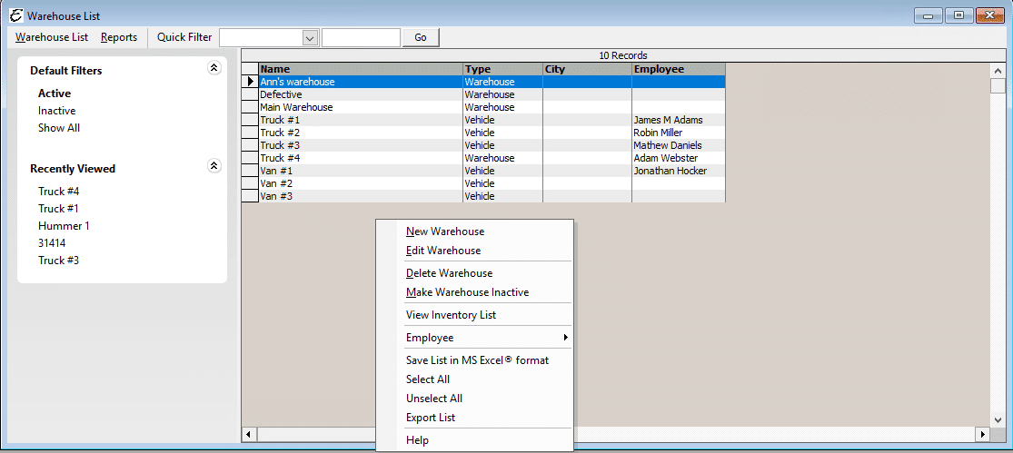 Warehouse List Pop-Up Options