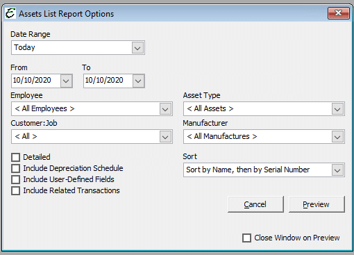 Assets List Report Options