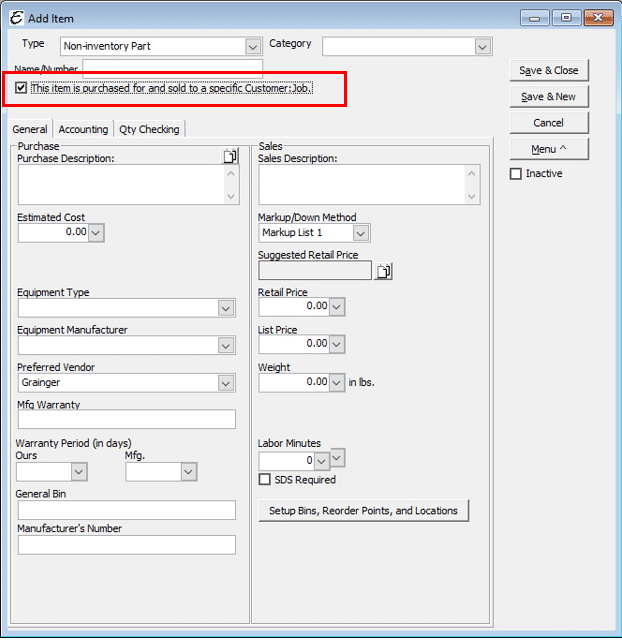 Non-Inventory - Used for Specific Customer - Checked