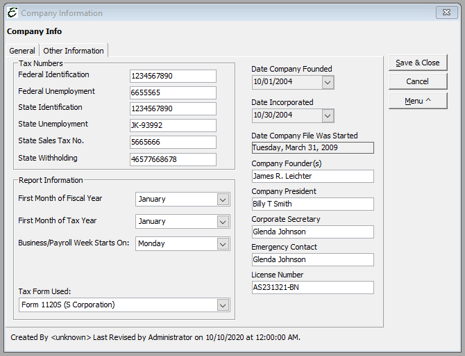Sample - Company Information - Other Information Tab