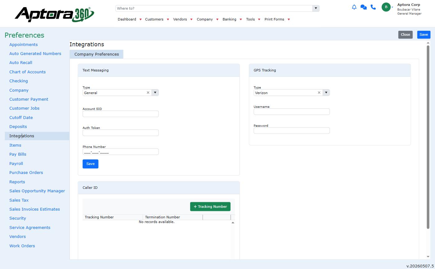 Caller ID section in Aptora 360 Integrations preferences with tracking number grid