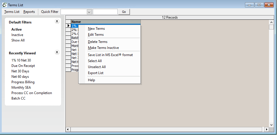 Terms List Menu Options
