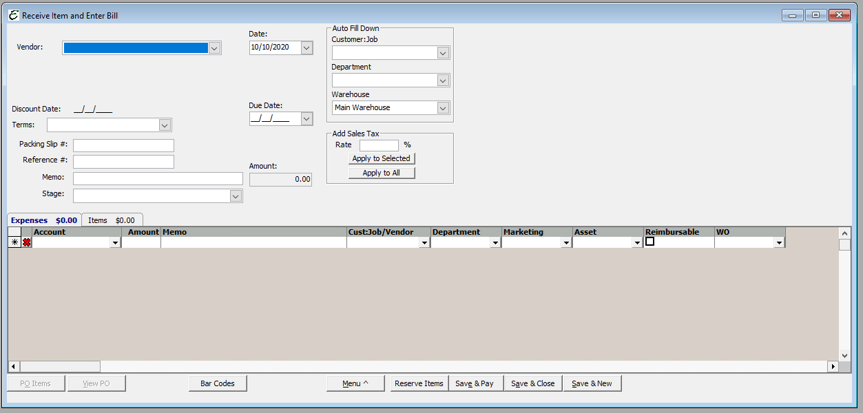 Receive Items and Enter Bill Form