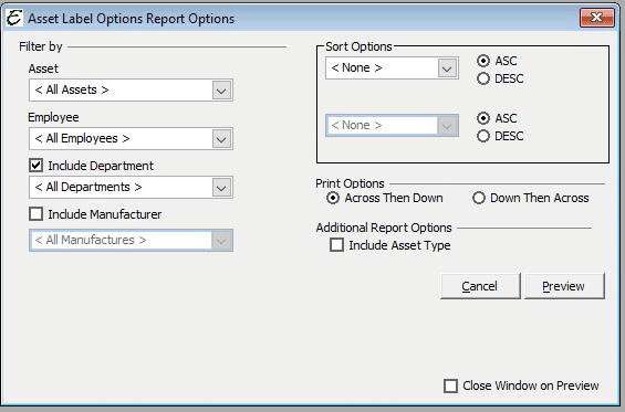 Asset Label Report Options