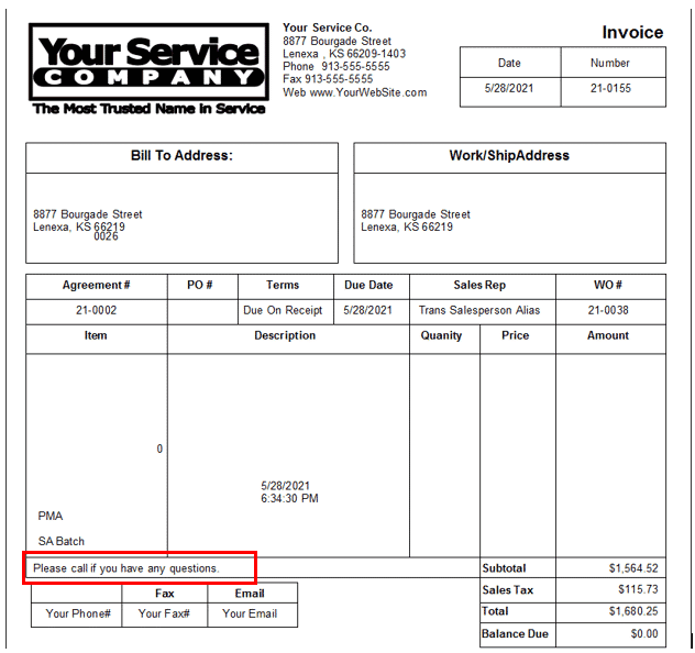 Sample Invoice - Customer Vendor Message